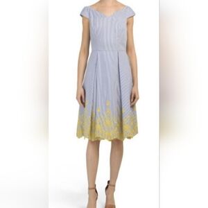 Nicole Miller Dress Womens 12 Blue White Striped Sailor Pleats Yellow Embroidery